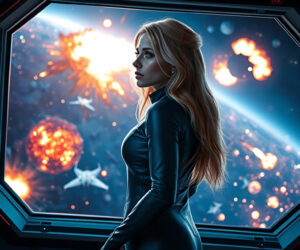 openart a stunning woman in a sleek form fitting space suit stands at the window or long blond hair seems to float slightly in zero gravity photo realistic lkrg3mgd upscaled